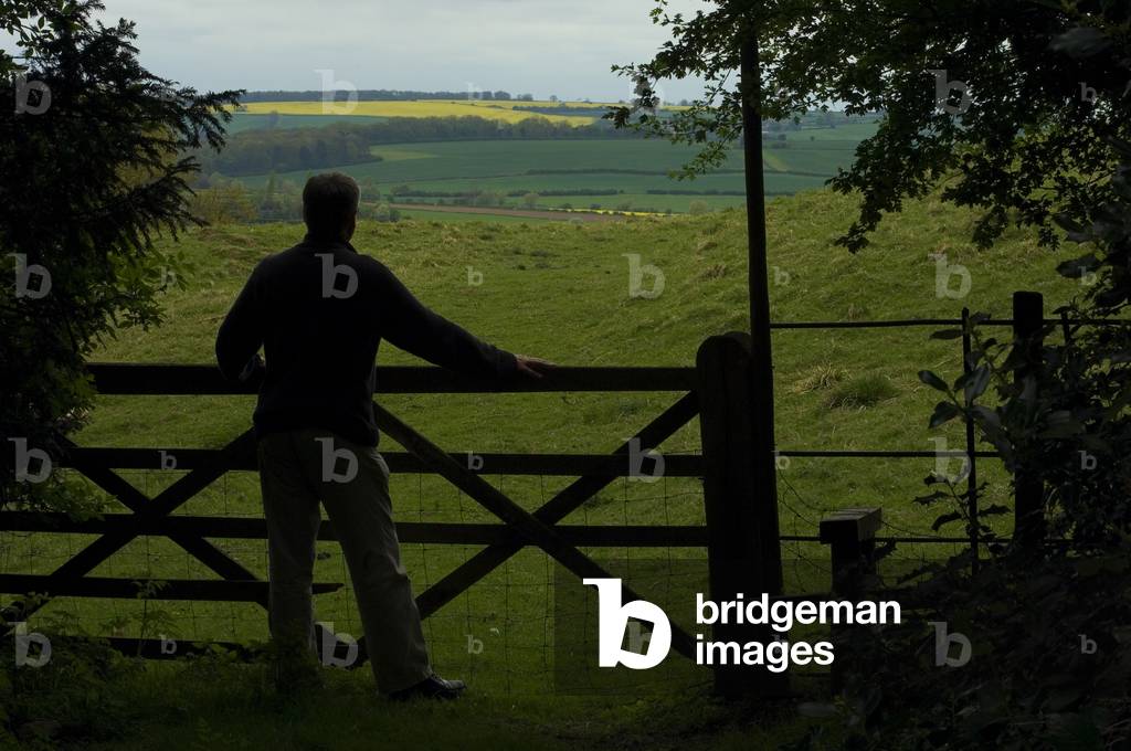 A man stands at a fence viewing the surrounding countryside at Rockingham Castle, Leicestershire, England (photo)