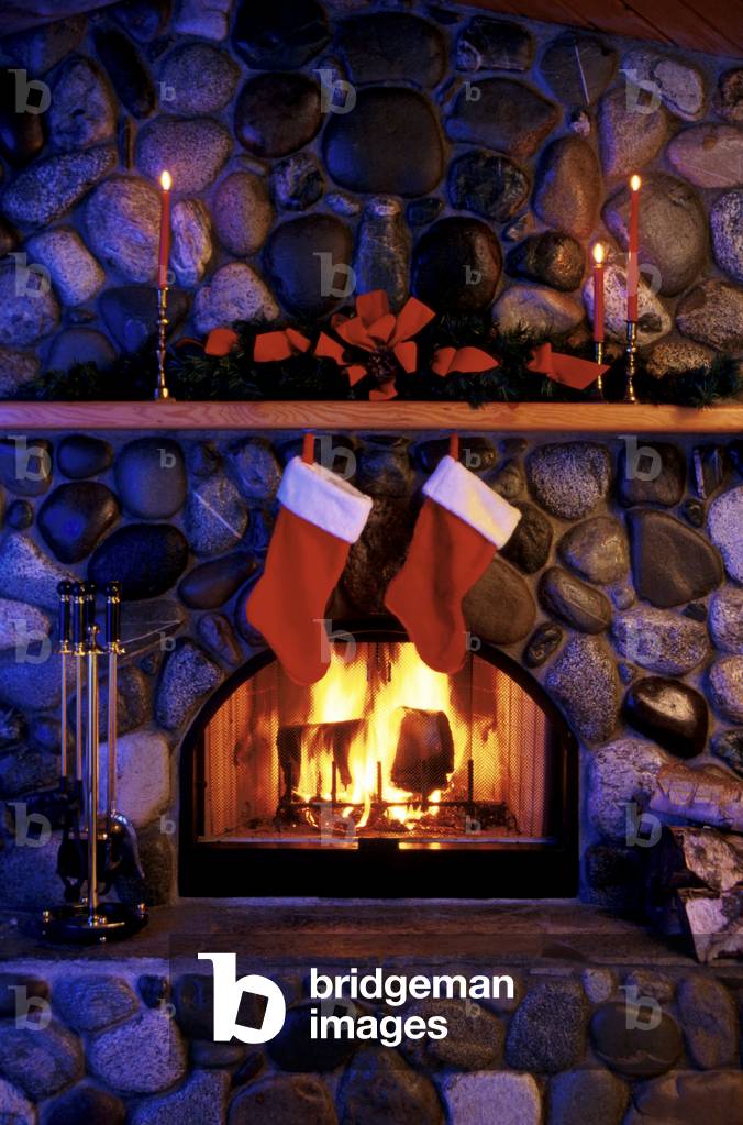 Fireplace Decorated For Christmas Stockings & Tree (photo)