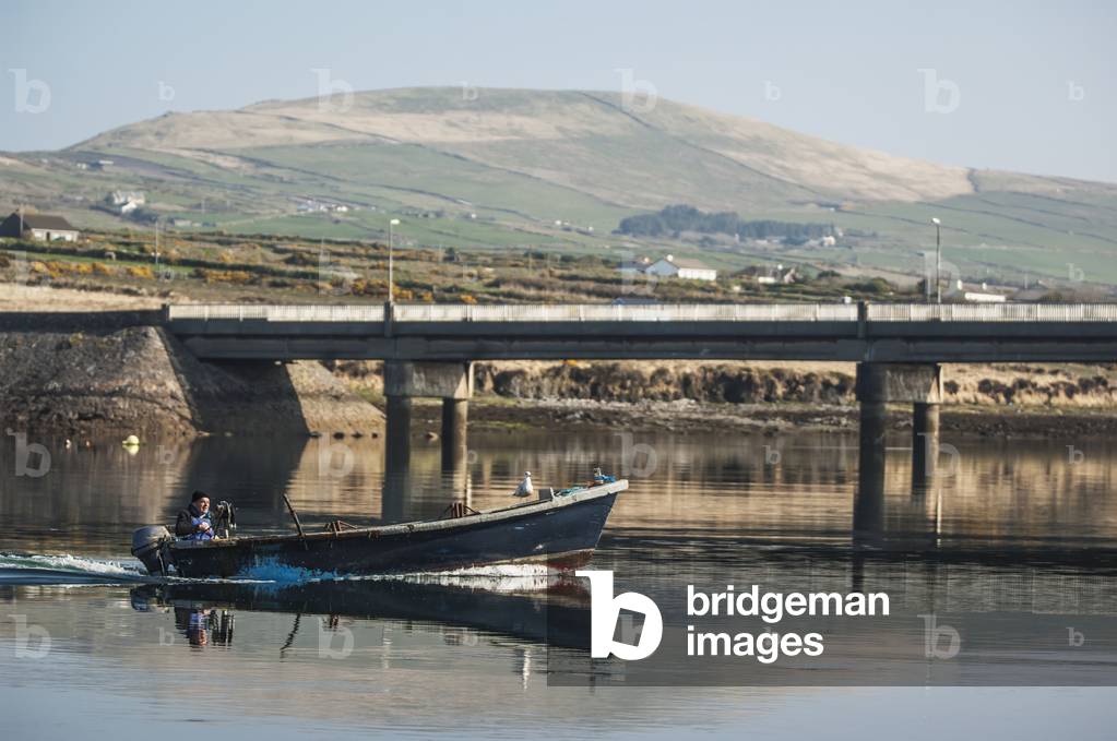Fisherman in motorboat trawling on tranquil water, Portmagee, Iveragh Peninsula, County Kerry, Ireland, UK  (photo)