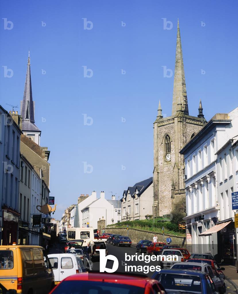 Eniskillen Church Street, St Macartin's Cathedral, Co Fermanagh, Ireland; Street With A Cathedral In The Distance (photo)