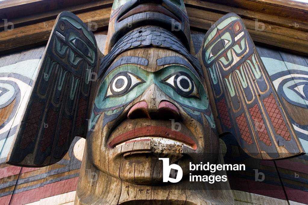 Close Up Of Totem Carving On Tribal House At Totem Bight State Historical Park Near Ketchikan Alaska Southeast Summer (photo)