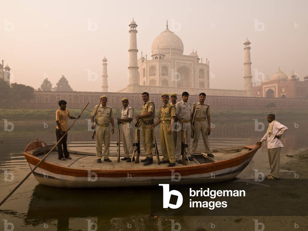 Armed Soldiers Standing on a Boat by the Taj Mahal, Taj Mahal, Agra, India (photo)