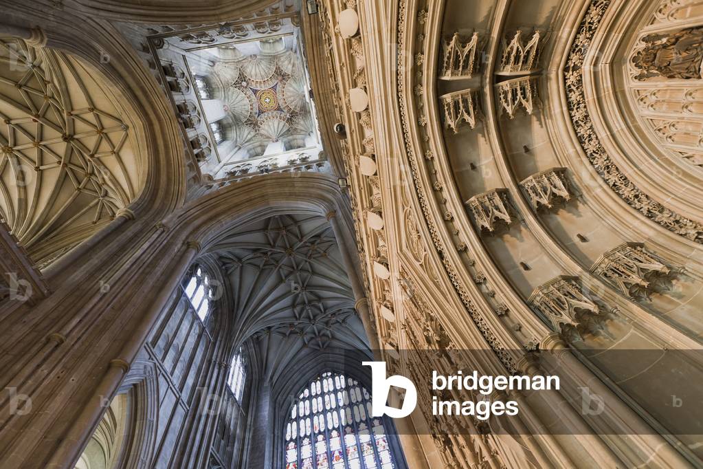 Low angle view of the ceiling inside Canterbury Cathedral, Canterbury, Kent, England, UK  (photo)