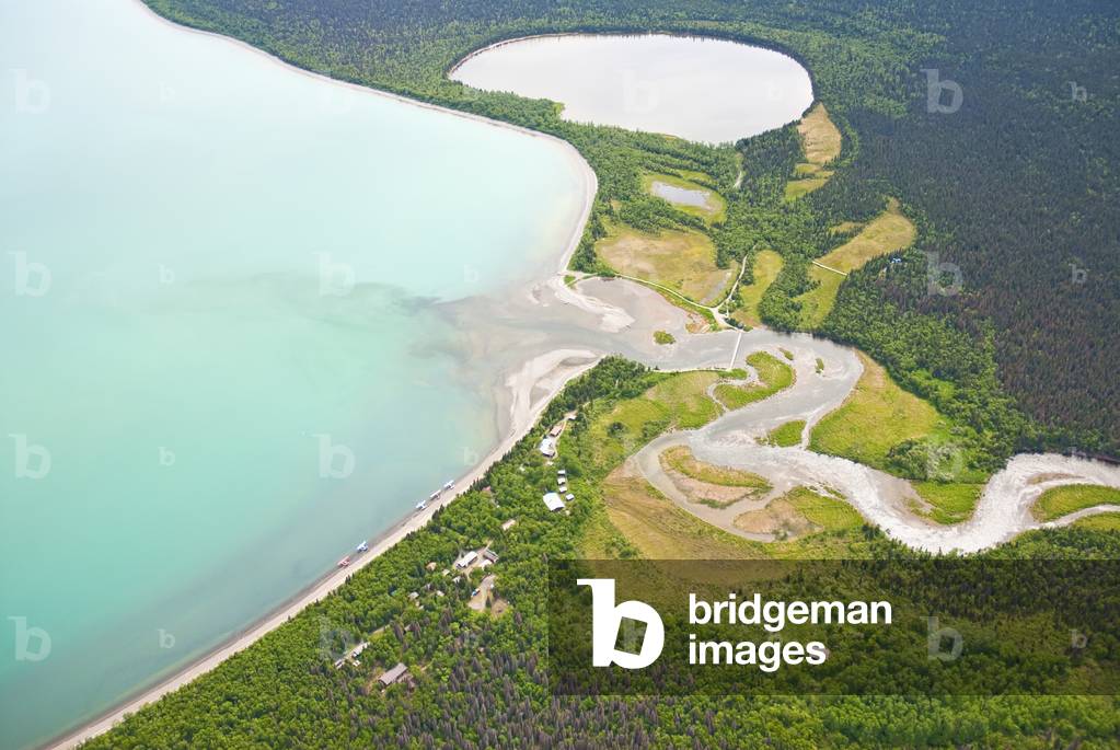 Aerial of Naknek lake at Brooks Camp, Katmai, National Park, Southwest Alaska, Summer (photo)