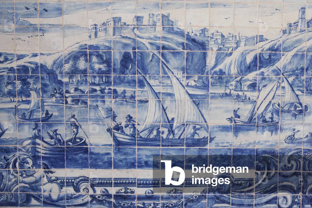 Portuguese tiles in cloister at church of Sao Francisco, showing the hilltop city of Salvador, Salvador, Brazil (photo)