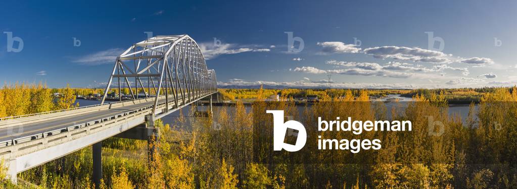 Panorama Of Traffic On The Parks Highway Bridge Over The Nenana River, Fall, Interior Alaska, Usa (photo)