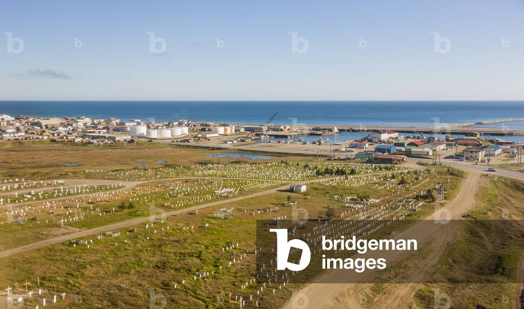 Aerial view of Nome and city cemetery with the Norton sound visible in the background, Arctic Alaska, Summer (photo)