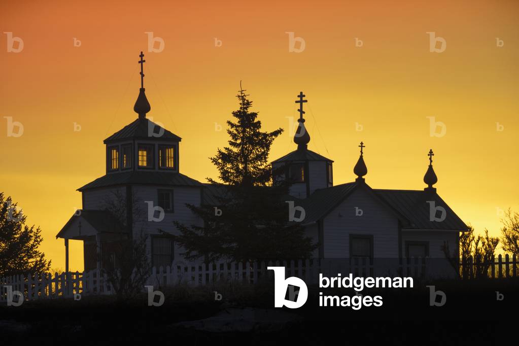 Russian Orthodox Church, built in 1901, is a historic landmark in the coastal town of Ninilchik on the Kenai Peninsula, southcentral, Alaska (photo)
