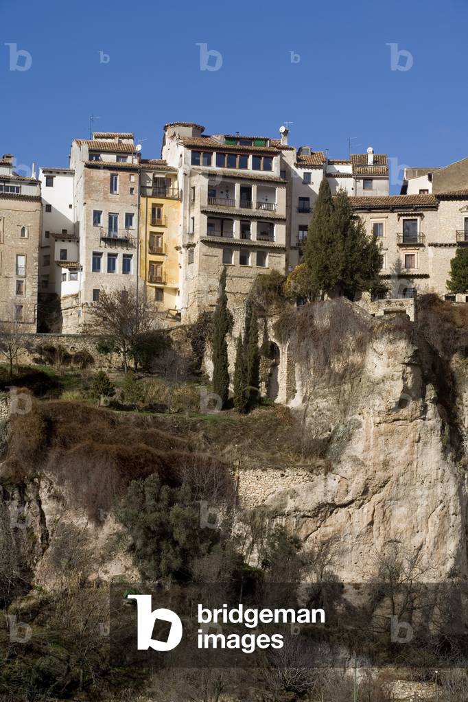 Cuenca is a UNESCO World Heritage site, in the Region of Castile-La Mancha, between the Júcar and Huécar river canyons, Its historic centre the Cathedral, Casas Colgadas (Hanging Houses) looks out over rocky canyon walls in the heart of the Cuenca Mountains (photo)