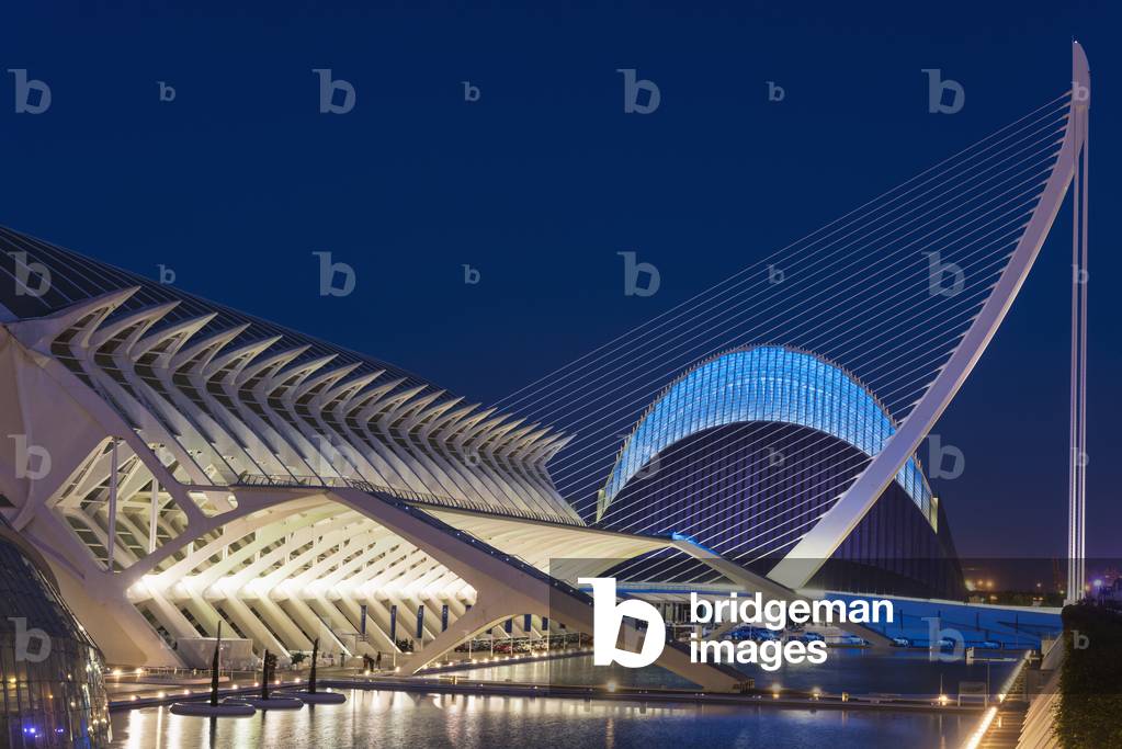 El Museu De Les Ciencies Principe Felipe with El Pont De L'assut De L'or and L'agora on Right in City of Arts and Sciences, Valencia, Spain (photo)