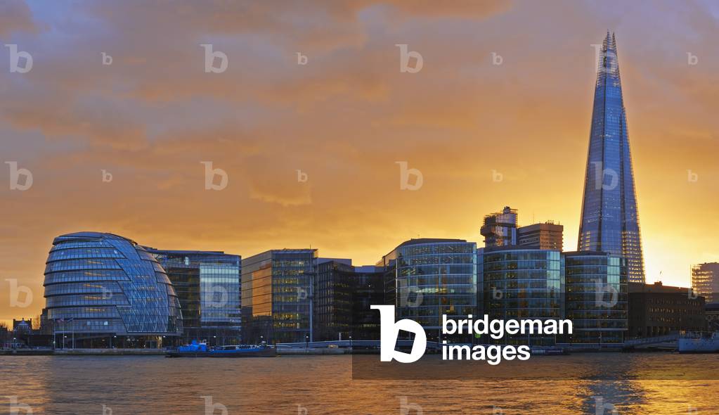 UK, Shard and City Hall from banks of river Thames, London (photo)