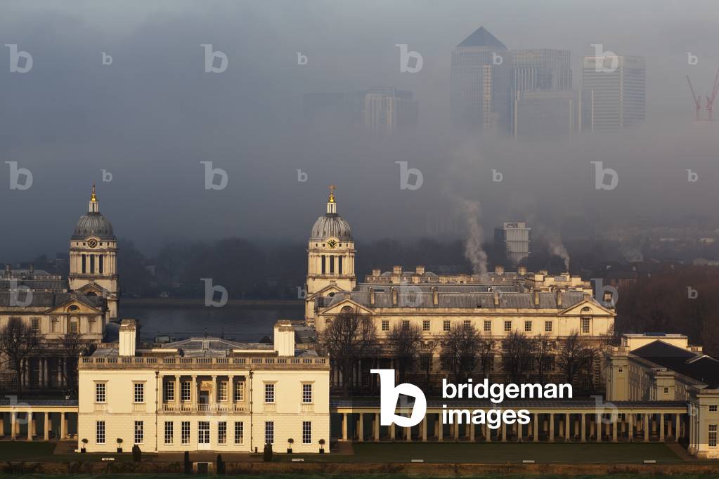 Old Royal Naval College and Canary Wharf on Foggy Winter Morning Seen From Greenwich Park, Greenwich, London, England, UK  (photo)