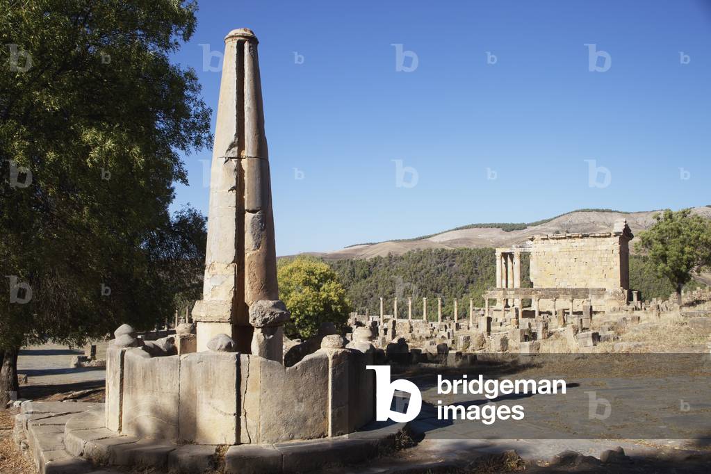 Roman ruins, fountain and view towards Severan Temple, Djemila, Algeria (photo)