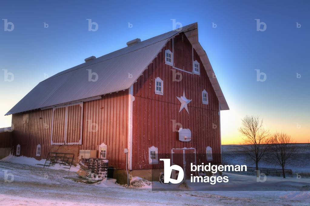 Red barn with fresh snow at sunrise on a farm near Edgewood in Northeast Iowa, Winter, HDR (photo)