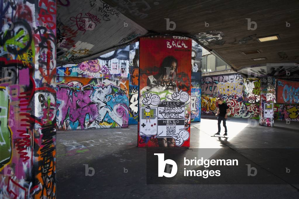 Graffiti Covered Walls of Unofficial Skateboard Park on South Bank, London, England, UK  (photo)