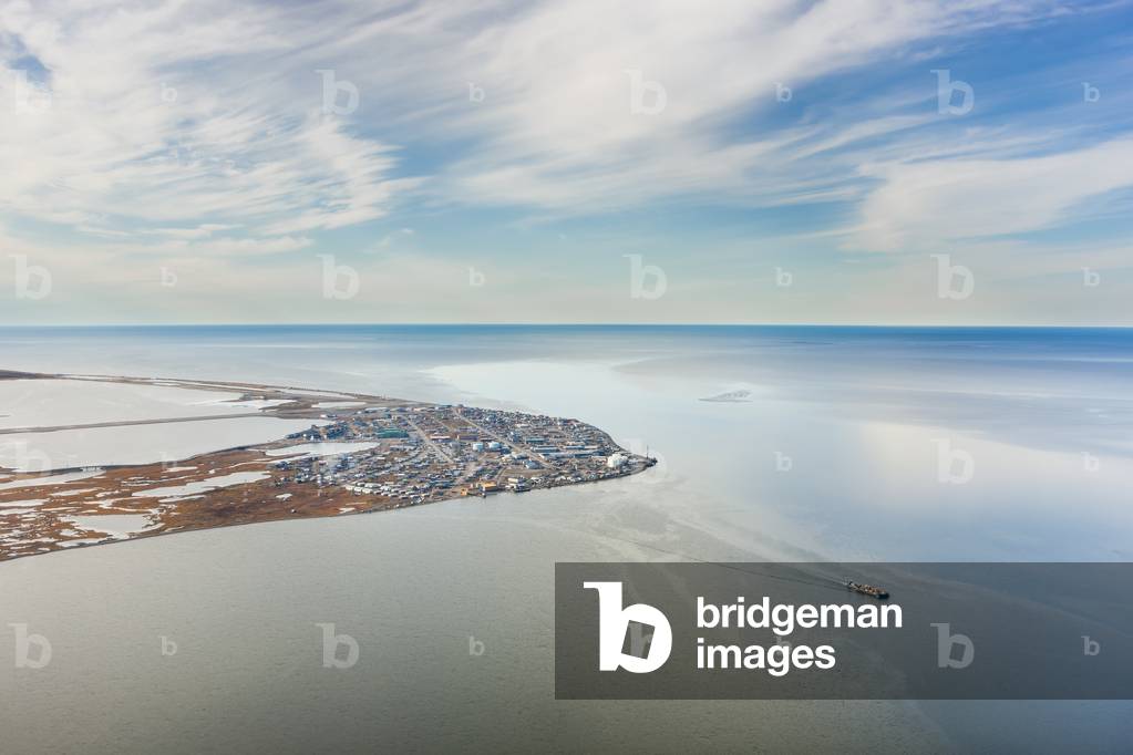 Aerial view of a barge leaving the town of Kotzebue, Baldwin Penninsula, Kotzebue Sound, Arctic Alaska, USA, Fall (photo)