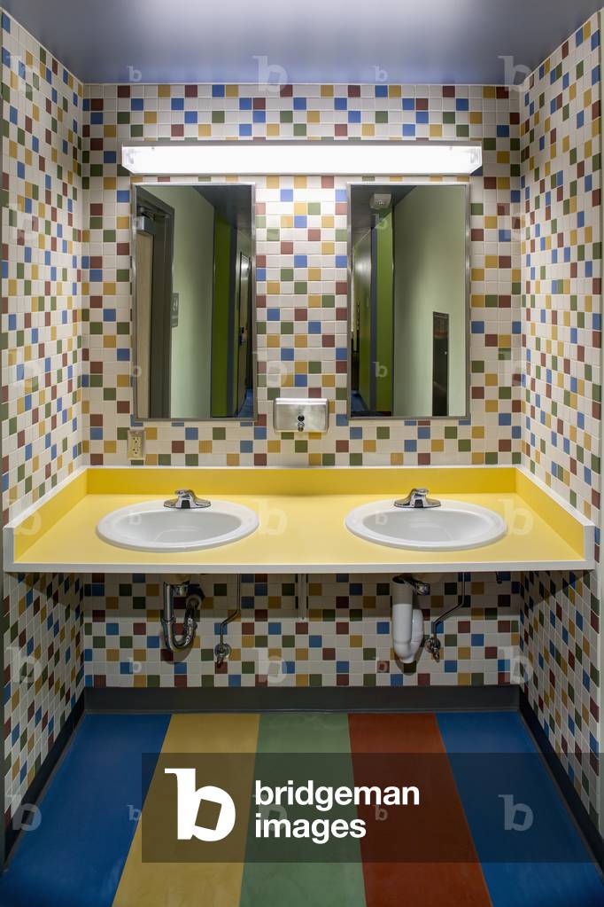 View of the colorful washroom in the K-12 public school in Akiak, Western Alaska, USA (photo)