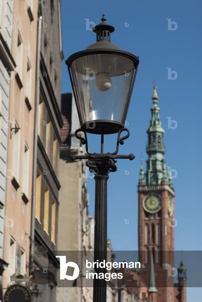 Lamppost  and clock tower of the Main Town Hall, Dluga Street, old town district, Gdansk, Poland, Gdansk, Poland. (photo)
