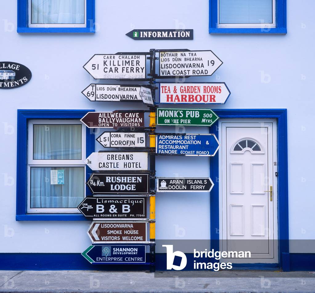 Directional Signboards On A Pole In Front Of A Building, Ballyvaughan, County Clare, Republic Of Ireland (photo)