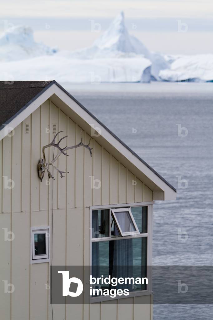 Hunting Is Very Much A Part of Life in Greenland and Skins and Antlers Can Be Seen All Around Town. House with Icefjord Behind. Ilulissat, Greenland. (photo)