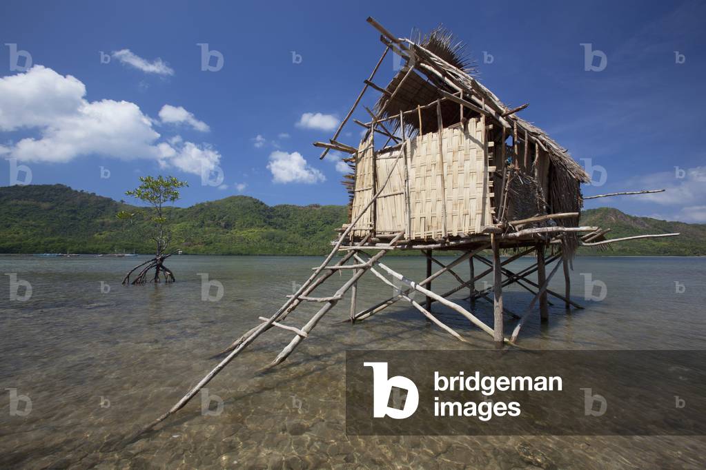 A Small Thatched Stilt House sitting in the Bay Near Vigan, Bacuit Archipelago, Palawan, Philippines (photo)