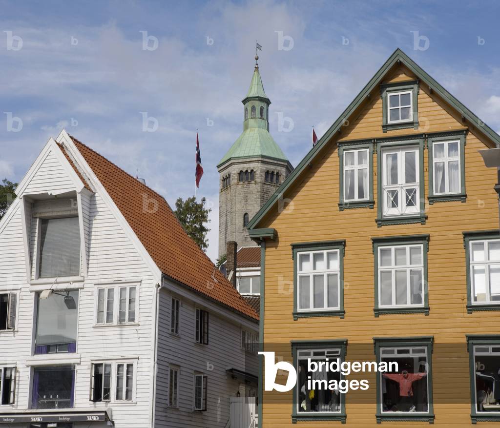 Harbor-Side Wooden Warehouses (Converted Into Shops  and Restaurants)  and Valberg Tower, Stavanger, Norway (photo)