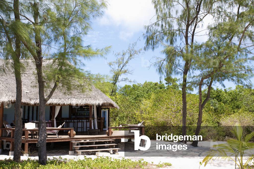 A dwelling with thatch roof on the white sand, Vamizi Island, Mozambique (photo)
