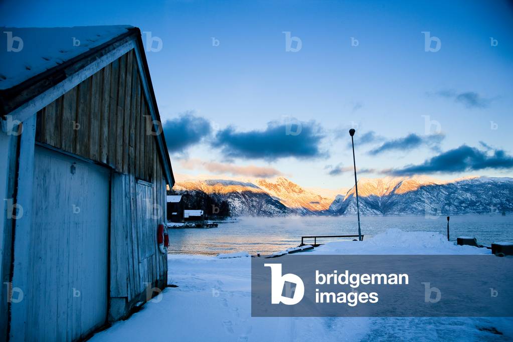 Boat house at ferry port in the Fjord, Ortnevik, Sognefjord, Norway (photo)