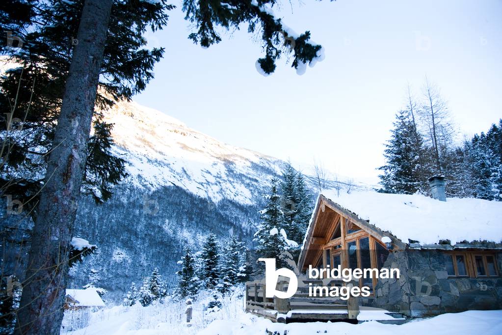 Winter alpine scenery with mountains, snow and a pine forest with Brekke rental cabins, Ortnevik, Sognefjord, Norway (photo)