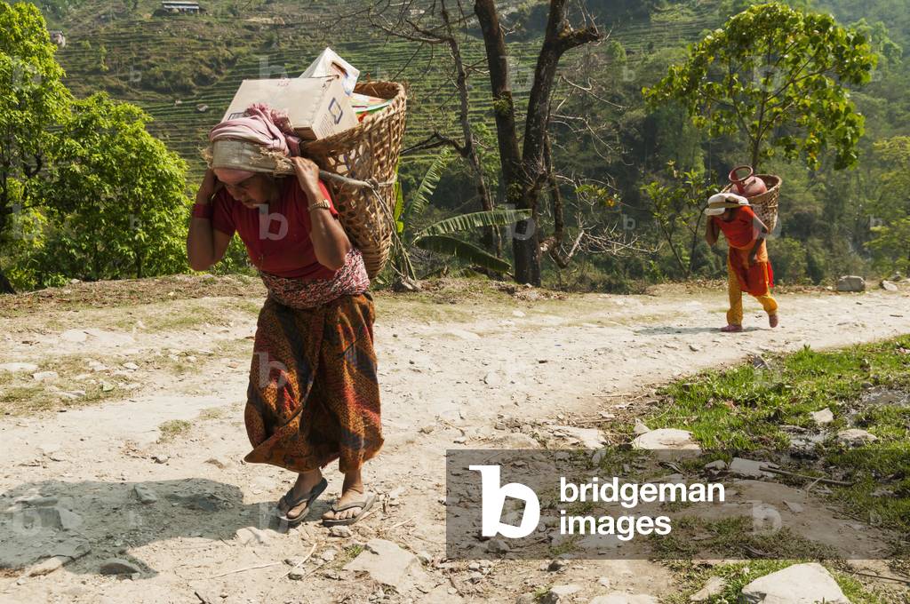 Typical basket for transporting wood from village to village in mountain area without roads, Annapurna route, Nepal (photo)