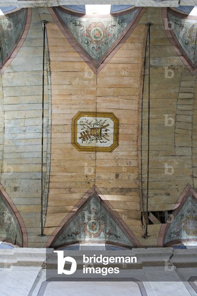 The Chapelle Saint Roch. Located in the hamlet of Pietronacce. Austere on the outside the interior is a small jewel of a style termed 'rural baroque' with its stenciled walls and arched wooden ceiling. Cap Corse. Corsica. France (photo)