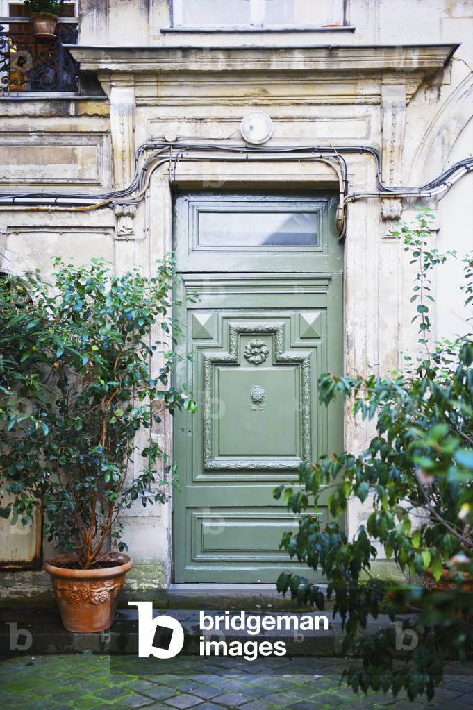 A green doorway to a residence in Marais district, Paris, France (photo)