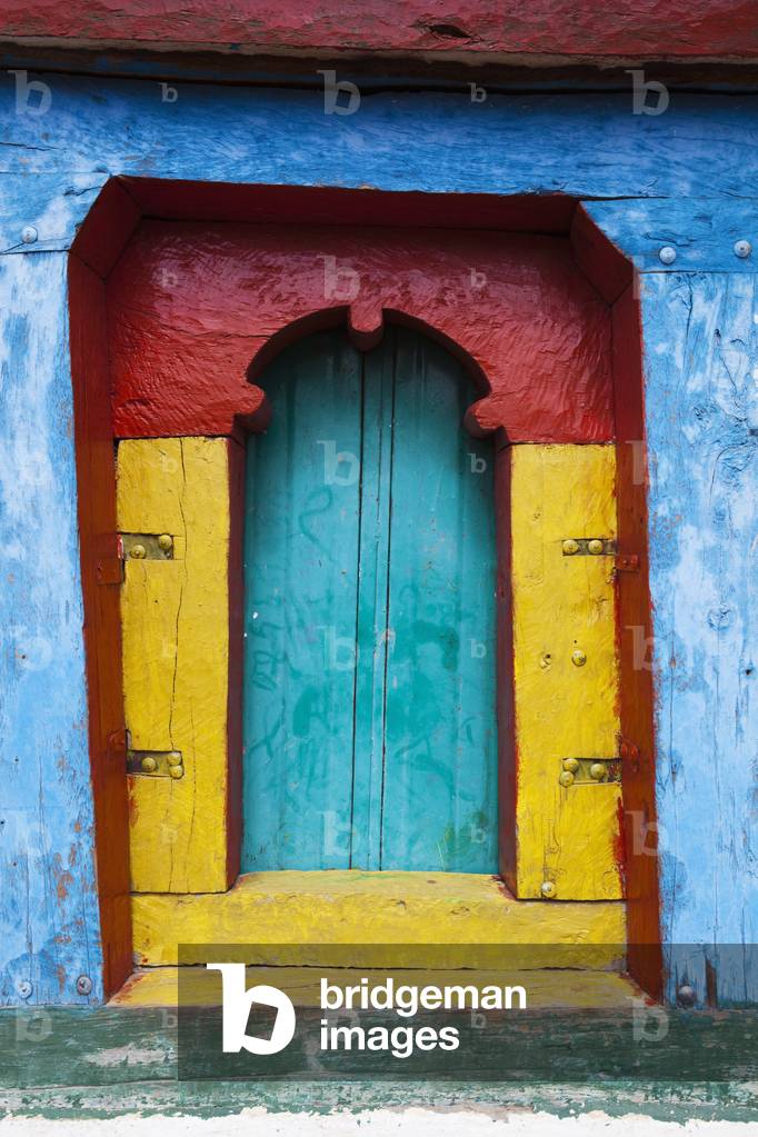 Doorway to a church building with colourful details, Tigray region, Ethiopia (photo)
