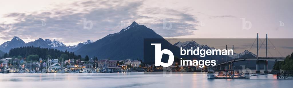 Downtown Sitka and the O'Connell bridge at sunset with the Sisters Mountains in the background, Southeast Alaska, USA, Summer (photo)