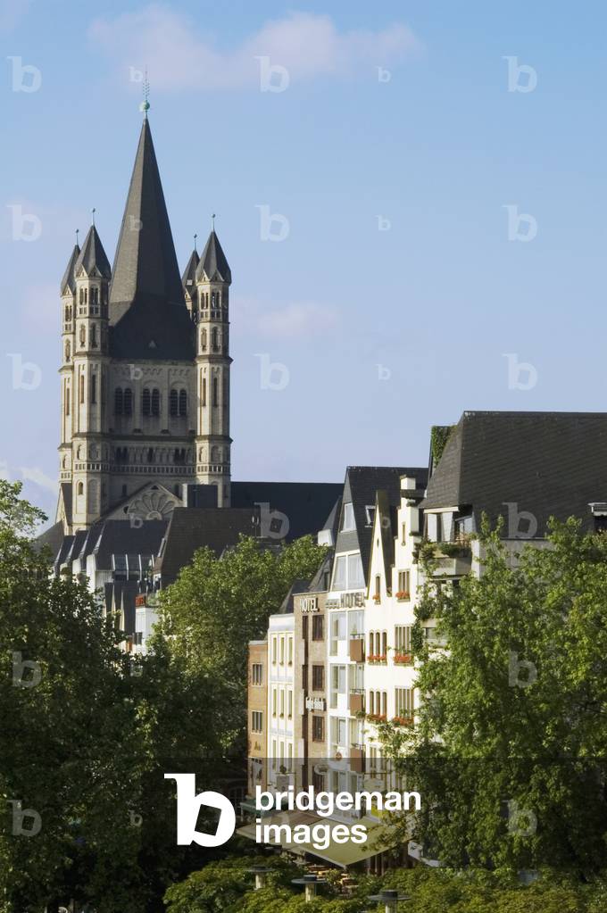 Germany, with Gross Sankt Martin Behind, Cologne, Riverfront Restaurants at Frankenwerft (photo)