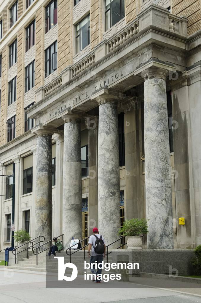 Limestone and marble portico of capitol building in downtown Juneau, Southeast Alaska (photo)