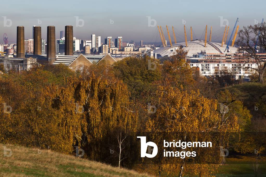 Autumn View of Old Greenwich Power Station and O2 Arena From Greenwich Park, Greenwich, London, England, UK  (photo)