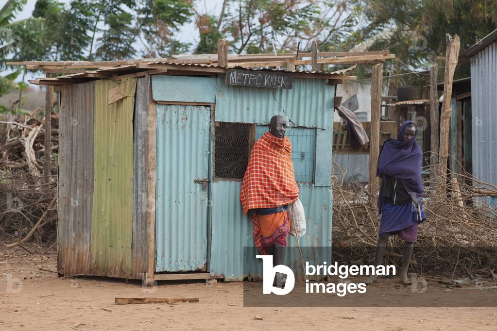Two Maasai Men outside of Tin Hut, Kenya, Africa (photo)