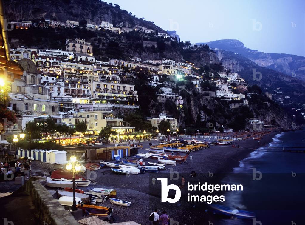 Small coastal town at dusk, Positano, Amalfi Coast, Campania, Italy (photo)