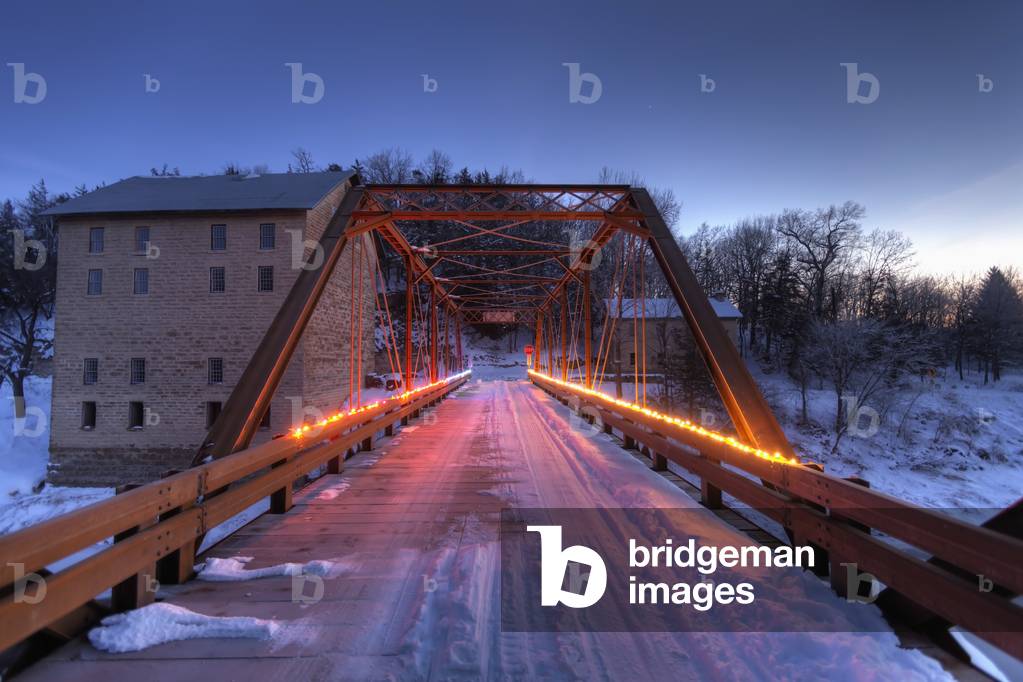 Christmas lights on the bridge crossing the Turkey River at Motor Mill in Clayton County in Northeast Iowa, Winter, HDR (photo)