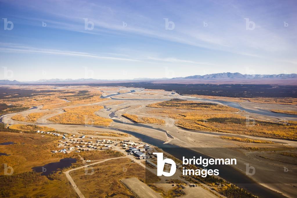 Aerial View of the village of Noatak on the Noatak River with the Baird Mountains in the distance, Arctic Alaska, USA, Autumn (photo)