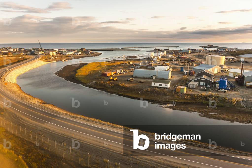 Aerial view of the Nome breakwater and harbor during sunset with the Bearing Sea in the distance, Nome, Arctic Alaska, USA, Fall (photo)