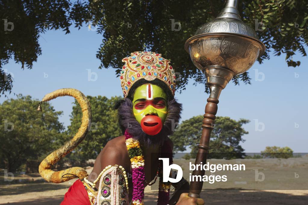 Vijayanagara ruins, boy dressed as a Hunuman monkey god, Hampi, Karnataka, India (photo)