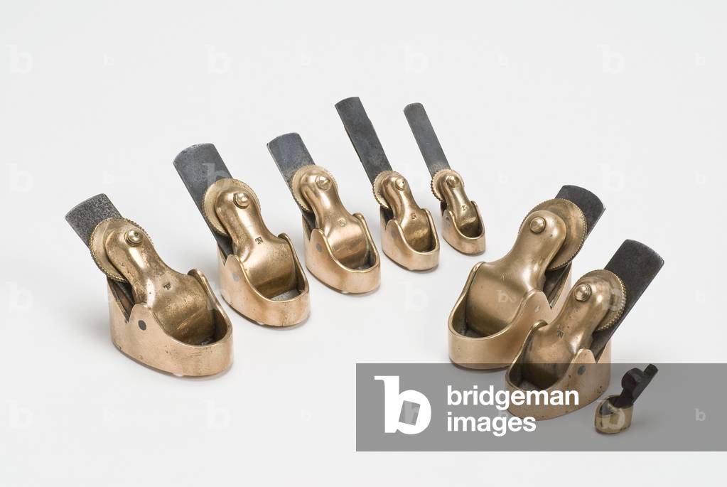 Group of convex and flat-sole violinmaker’s planes, c.1914-30 (phosphor bronze, steel & mahogany)