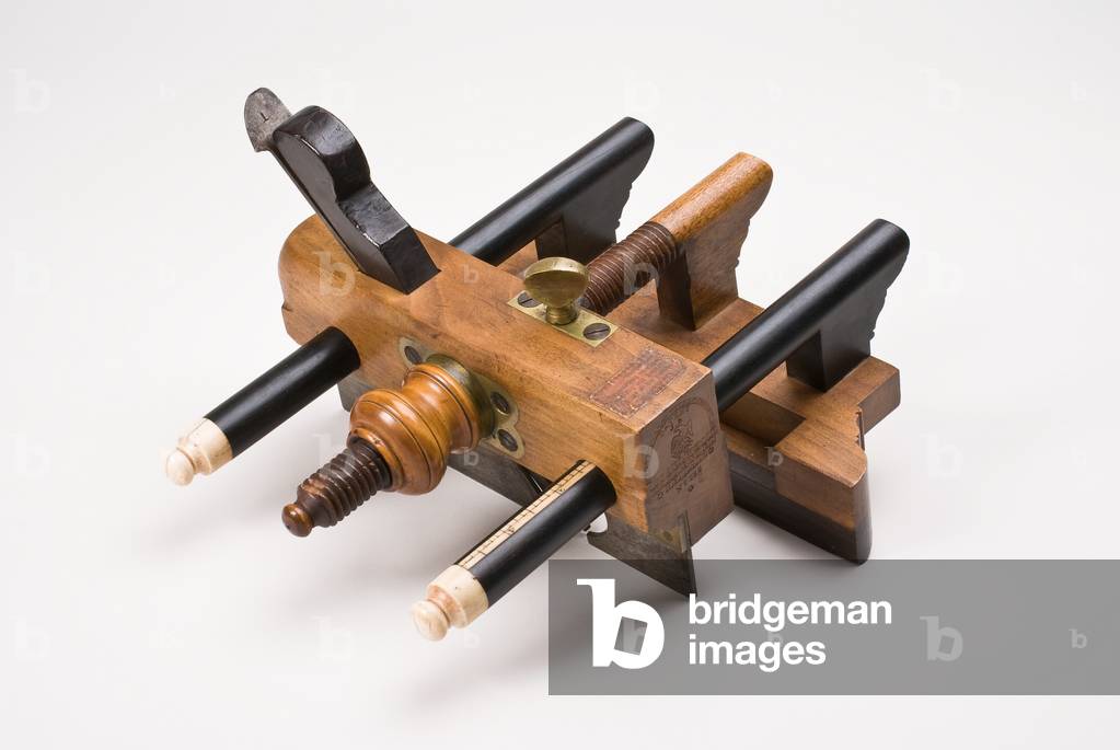 Three-arm bow plane, c.1834-39 (beech, boxwood, ebony, rosewood, brass, steel & ivory)