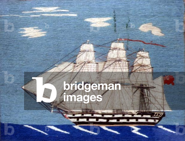 Woolwork picture of a fully rigged, three masted ship flying the Red Ensign, mid 19th century