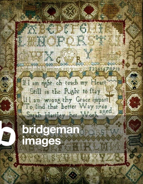 Silk and wool sampler with alphabet and moral verse, worked by Sarah Hartley, 1768