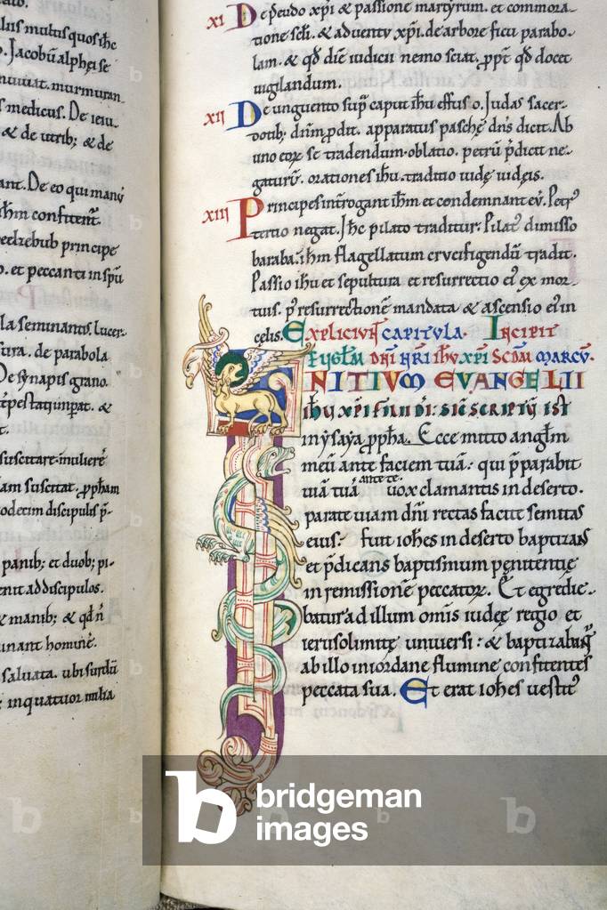 Decorated initial 'I' featuring the winged lion symbol of St Mark, from Mark's Gospel in the Carilef Bible (vellum)