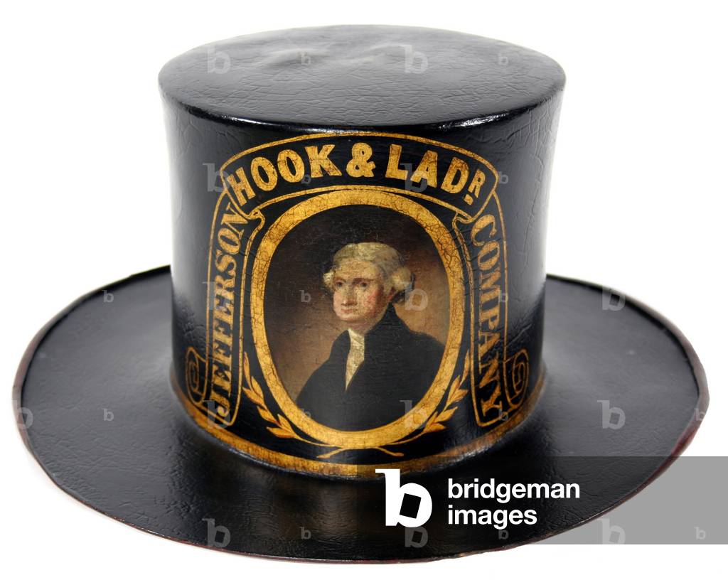 Early 19th Century American painted fireman's hat with image of Thomas Jefferson