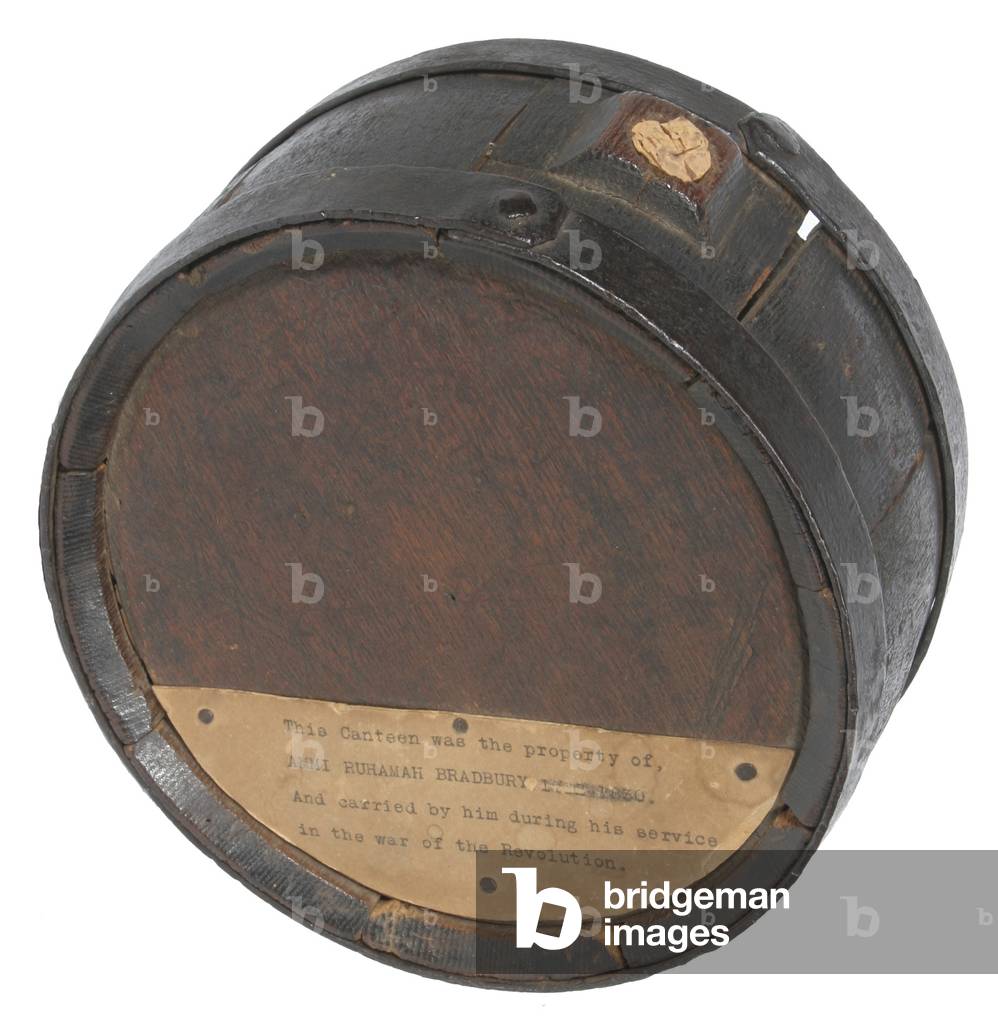 American iron bound wooden canteen with label , used by Ammi Ruhamah Bradbury